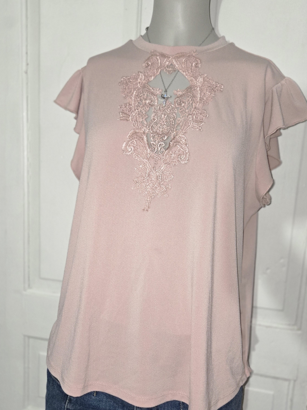 Sweet Rain Blush Pink Lace Appliqué Flutter Sleeve Top